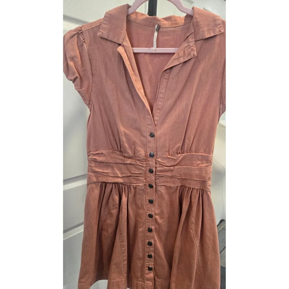 Free People Women Terracotta Cotton Button Front Puff Sleeve Mini Dress-M
